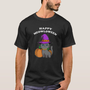 Happy Meowloween Black Cat Witch Pumpkin Funny Hal T-Shirt