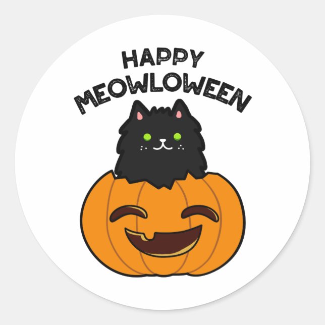 Happy Meowloween Funny Halloween Pun  Classic Round Sticker (Front)