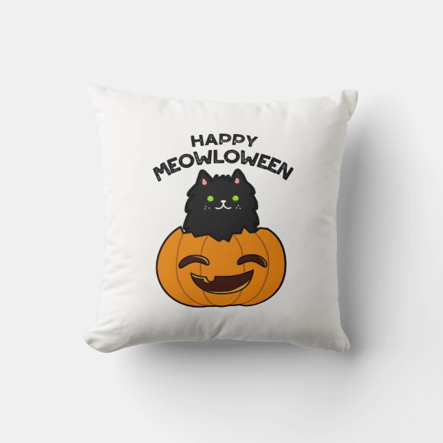Happy Meowloween Funny Halloween Pun  Cushion (Front)