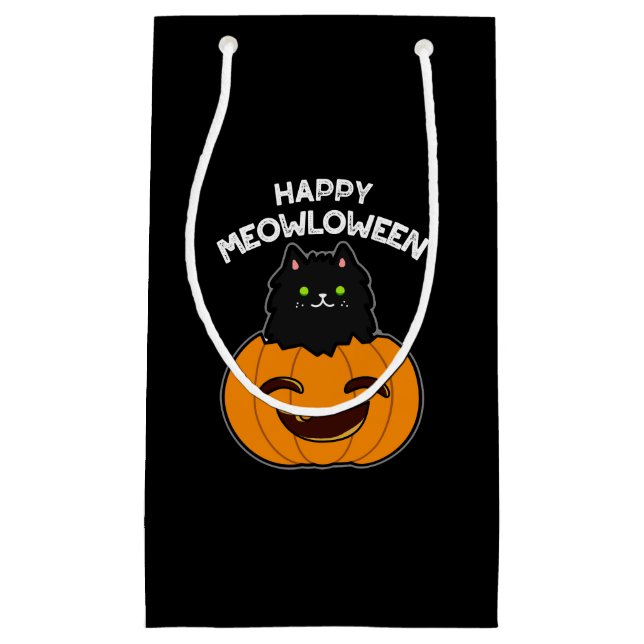 Happy Meowloween Halloween Black Cat Pun Dark BG Small Gift Bag (Front)