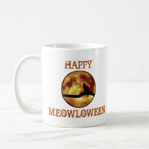 Happy MEOWloween Moon Black Cat Silhouette Pun Coffee Mug