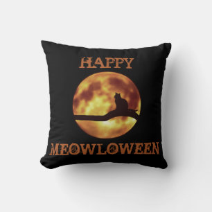 Happy MEOWloween Moon Black Cat Silhouette Pun Cushion
