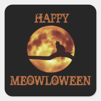 Happy MEOWloween Moon Black Cat Silhouette Pun Square Sticker