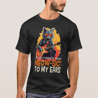Happy Meowsic Cat with electric Guitar and cool Su T-Shirt