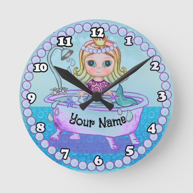 Happy Mermaid Bath  Round Clock (Front)