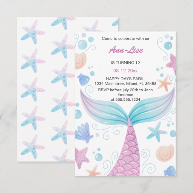 Happy Mermaid Birthday Invitation (Front/Back)