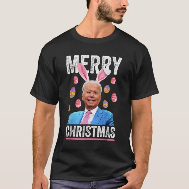 Happy Merry Christmas Funny Biden Confused for Eas T-Shirt (Front)