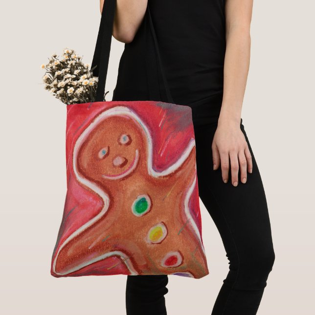 Happy Merry Christmas Gingerbread Man Red Tote Bag (Close Up)