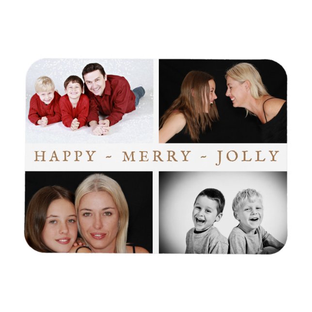 Happy Merry Jolly Family 4 Photo Collage Holiday Magnet (Horizontal)