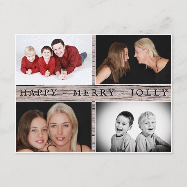 Happy Merry Jolly Rustic Family 4 Photo Collage Postcard (Front)