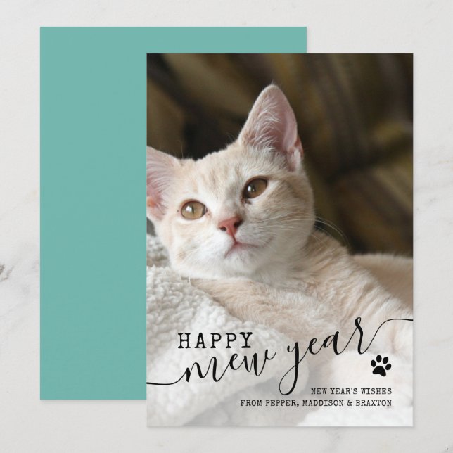 Happy Mew Year Cat Photo Pet Red New Years Holiday Card (Front/Back)