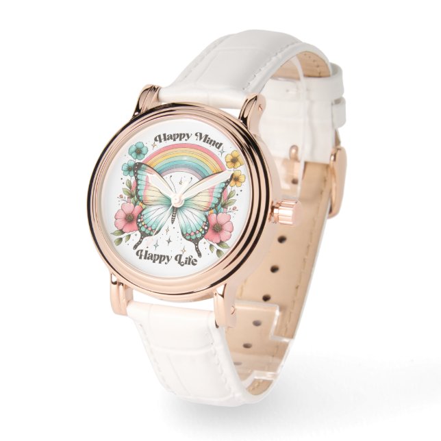 "Happy Mind Happy Life" Pastel Butterfly & Rainbow Watch (Angle)