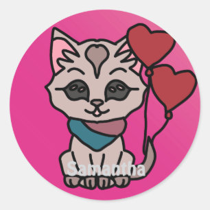 Happy Minimalist Cat with a Heart Love Classic Round Sticker