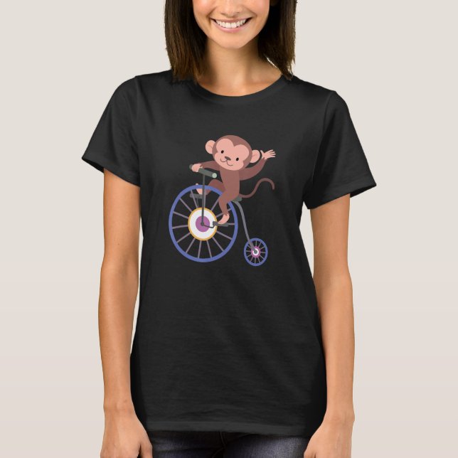 Happy Monkey Riding Bicycle and Waving Hand Cute A T-Shirt (Front)
