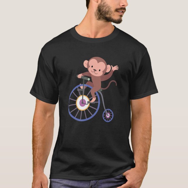 Happy Monkey Riding Bicycle and Waving Hand Cute A T-Shirt (Front)