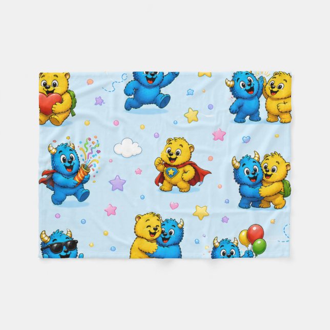 Happy Monster Friends Pastel Playtime Pattern Fleece Blanket (Front (Horizontal))
