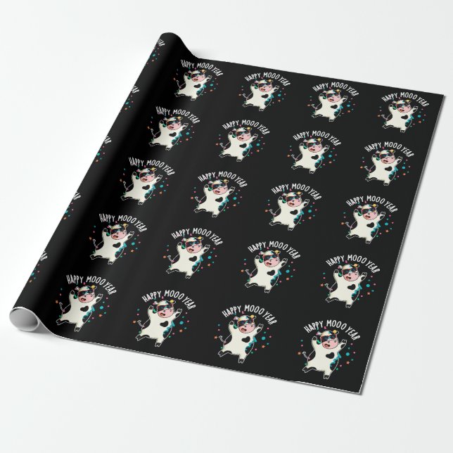 Happy Moo Year Funny Cow Pun Dark BG Wrapping Paper (Unrolled)