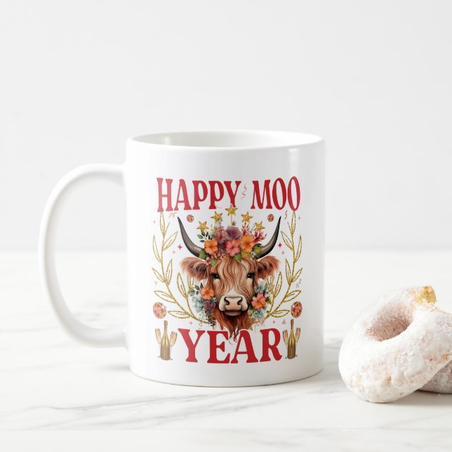Happy Moo Year Highland Cow Coffee Mug (With Donut)