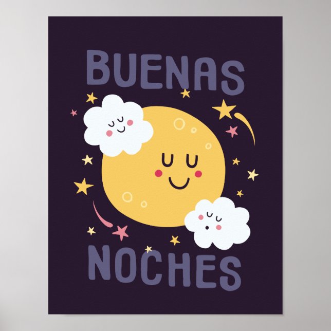 Happy Moon and Stars Nursery Art in Spanish Poster (Front)