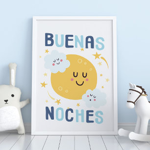 Happy Moon and Stars Nursery Art in Spanish Poster
