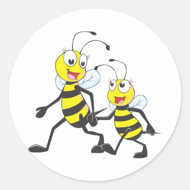Happy Mother and Daughter Bee Walking Together Classic Round Sticker (Front)