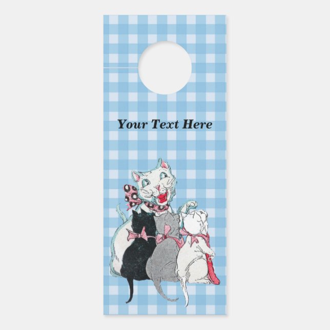 Happy Mother Cat Three Cute Kittens Blue Plaid Door Hanger (Front)