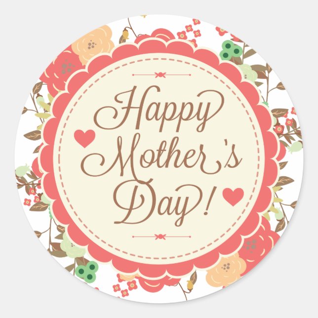 Happy Mother Day Text & Colourful Floral Design Classic Round Sticker (Front)