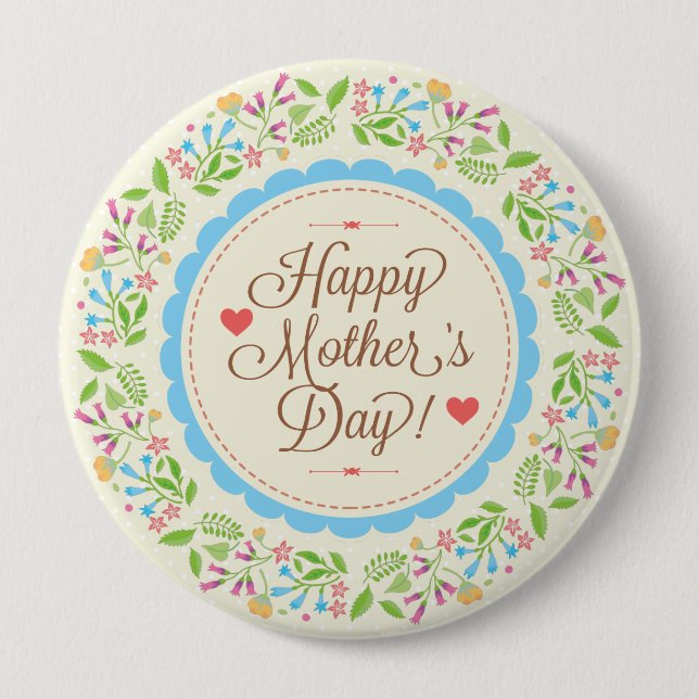 Happy Mother Day Text & Colourful Floral Wreath 10 Cm Round Badge (Front)