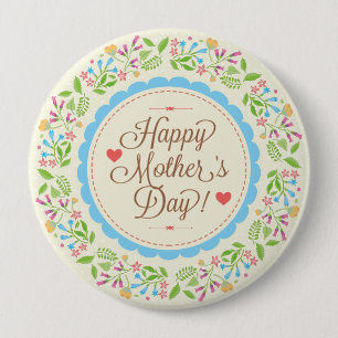 Happy Mother Day Text & Colourful Floral Wreath 10 Cm Round Badge