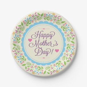 Happy Mother Day Text & Colourful Floral Wreath Paper Plate