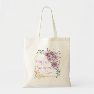 happy mother day, watercolor pink golden floral  tote bag
