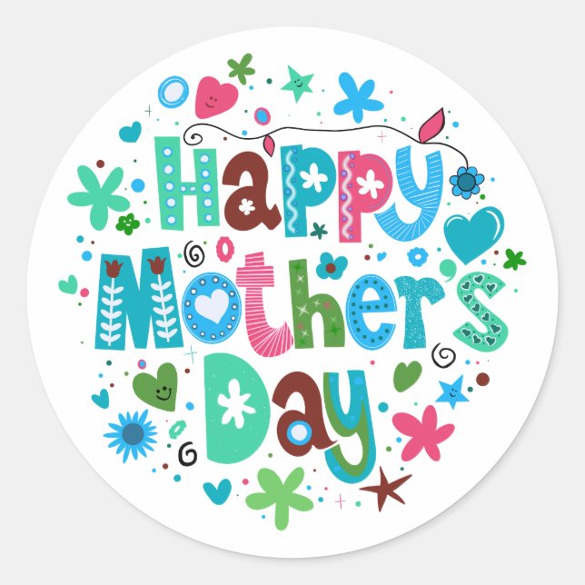 Happy Mother’s Day Blue Floral Stylish Lettering Classic Round Sticker (Front)