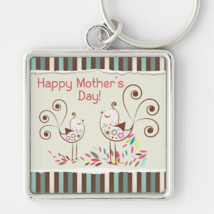 Happy Mother’s Day, Cute Birds on Stripes Key Ring