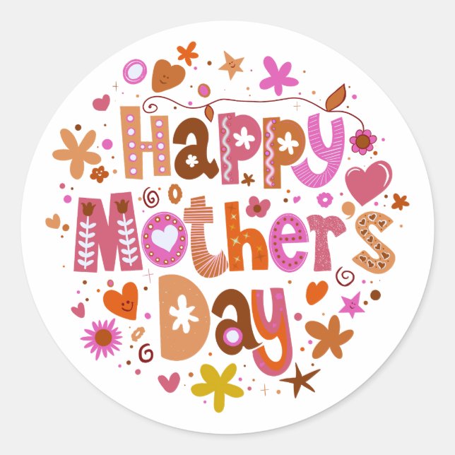 Happy Mother’s Day Orange Floral Stylish Lettering Classic Round Sticker (Front)