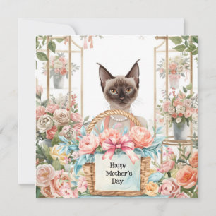 Happy Mother’s Day Siamese Cat Arranging Flowers  Holiday Card