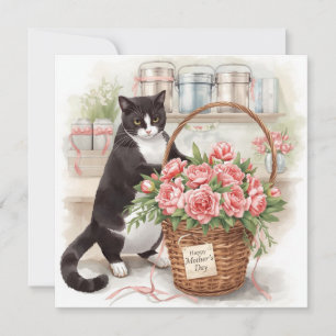 Happy Mother’s Day Tuxedo Cat Arranging Flowers  Holiday Card