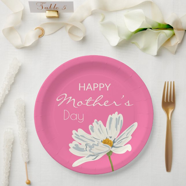 Happy Mother’s Day White  Artistic Flower  Paper Plate (Wedding)