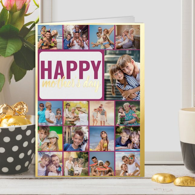 Happy Mother's Day 17 Photo Collage Gold Foil Holiday Card (Creator Uploaded)
