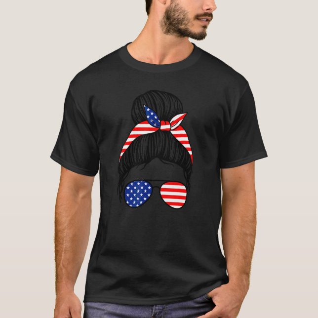 Happy Mothers Day 2022 Messy Bun Us Flag Glasses H T-Shirt (Front)