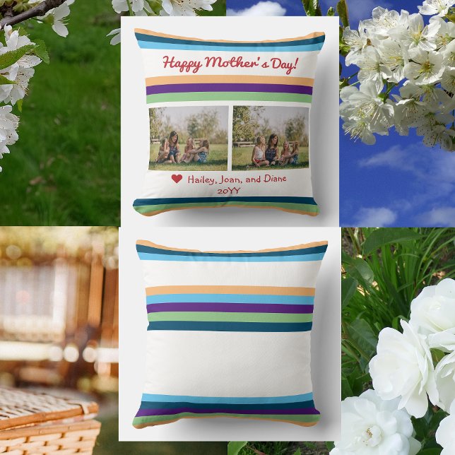 Happy Mother's Day 2 Photos Names Colour Bands Mak Cushion (Happy Mother's Day pillow w/ 2 personalized photos + names + year. Elegant, modern, minimalist)