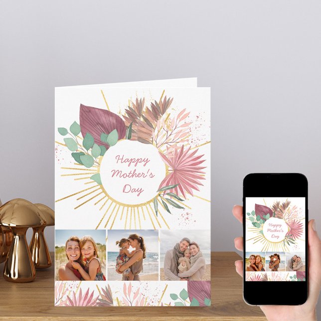 Happy Mothers Day 3 Photo Boho Pink Gold Pampas Card (Creator Uploaded)