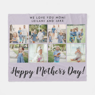 Happy Mother's Day 8 Photo Collage Purple Fleece Blanket