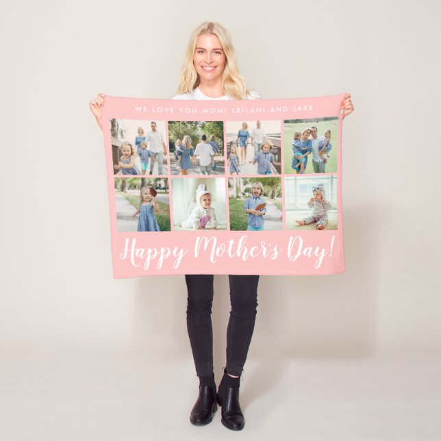Happy Mother's Day 8 Photo Custom Baby Pink Fleece Blanket (In Situ)