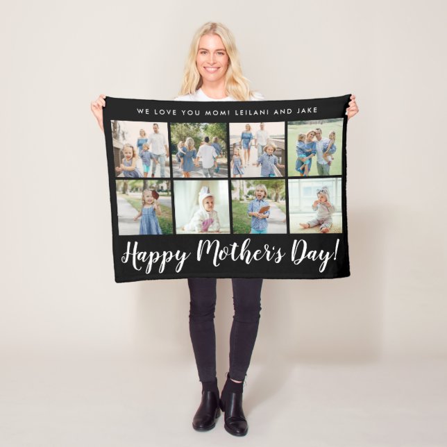 Happy Mother's Day 8 Photo Custom Message | Black Fleece Blanket (In Situ)