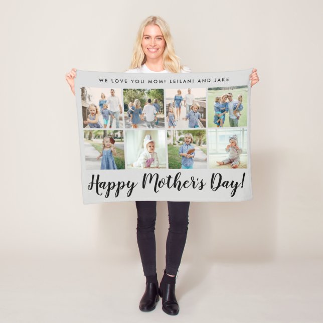 Happy Mother's Day 8 Photo Custom Message Grey Fleece Blanket (In Situ)