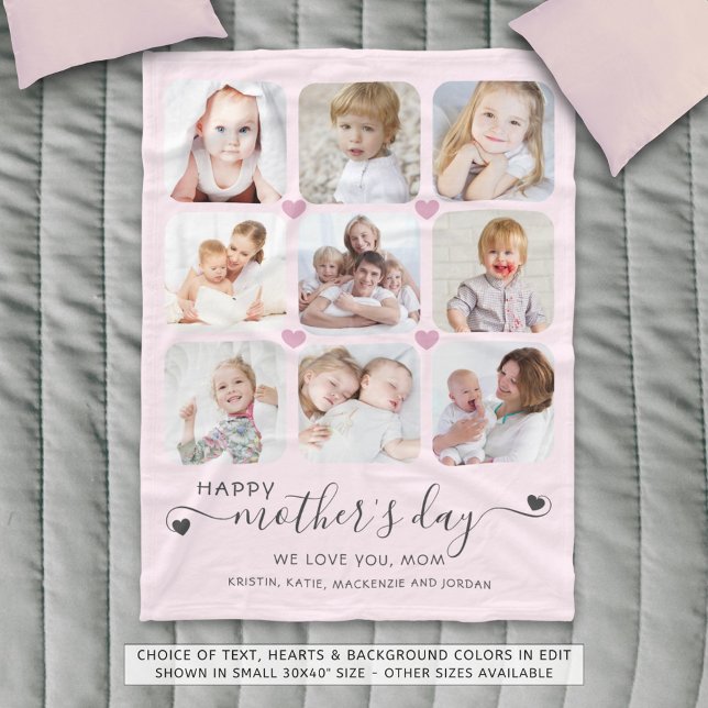 Happy Mothers Day 9 Photos Pink Grey Custom Colour Fleece Blanket (Creator Uploaded)