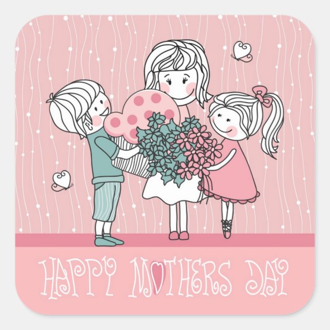Happy Mother's Day and Children Square Sticker (Front)