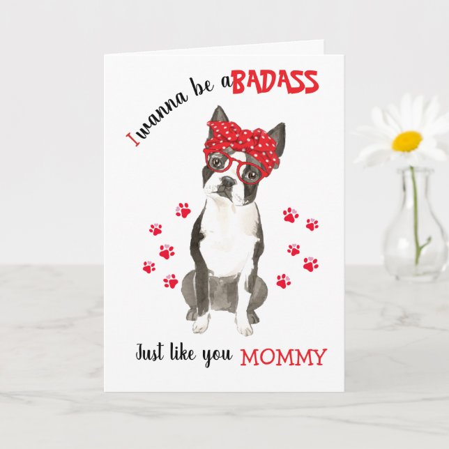 Happy Mother's Day Badass Boston Terrier Dog Card (Small Plant)