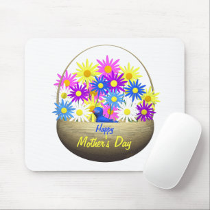 Happy Mothers Day Basket of Daisies and Blue Bird Mouse Mat