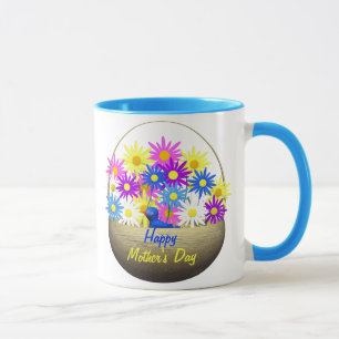 Happy Mothers Day Basket of Daisies and Blue Bird Mug